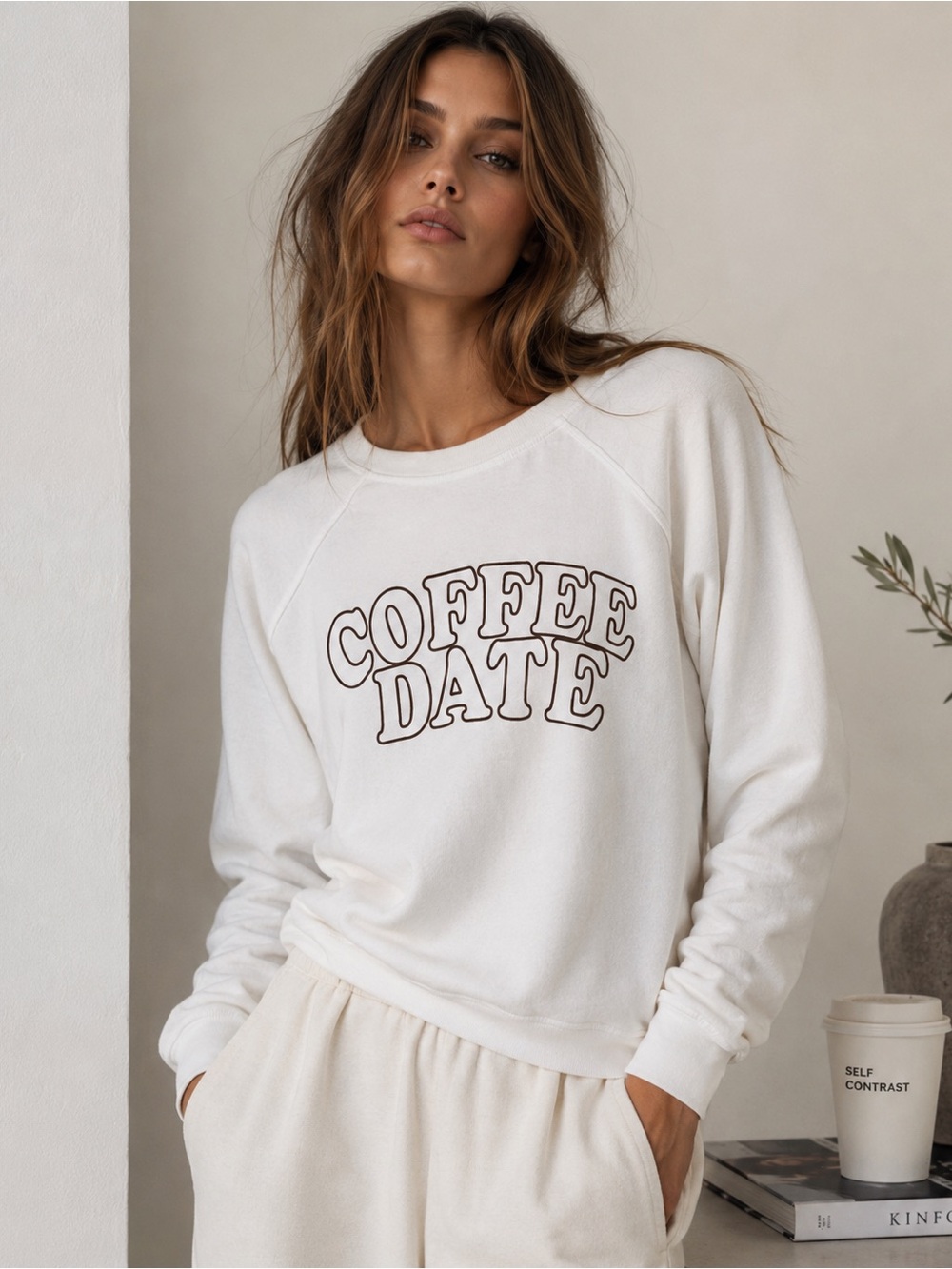 Self Contrast Coffee Date Graphic Sweatshirt White Cotton Size S NWT
